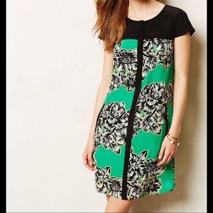 Anthropologie Green and Black Floral Mini Dress